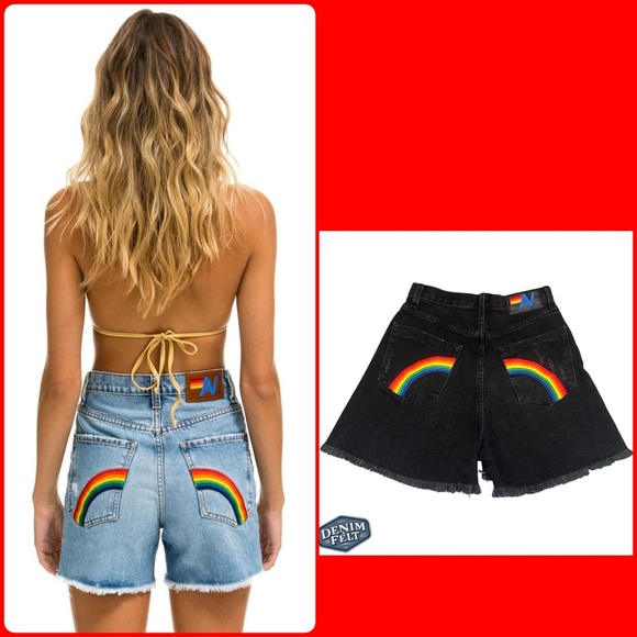 Aviator Nation Women’s Black HI RISE SKATER CUTOFF RAINBOW BACK POCKET SHORTS🌈 - Picture 1 of 12